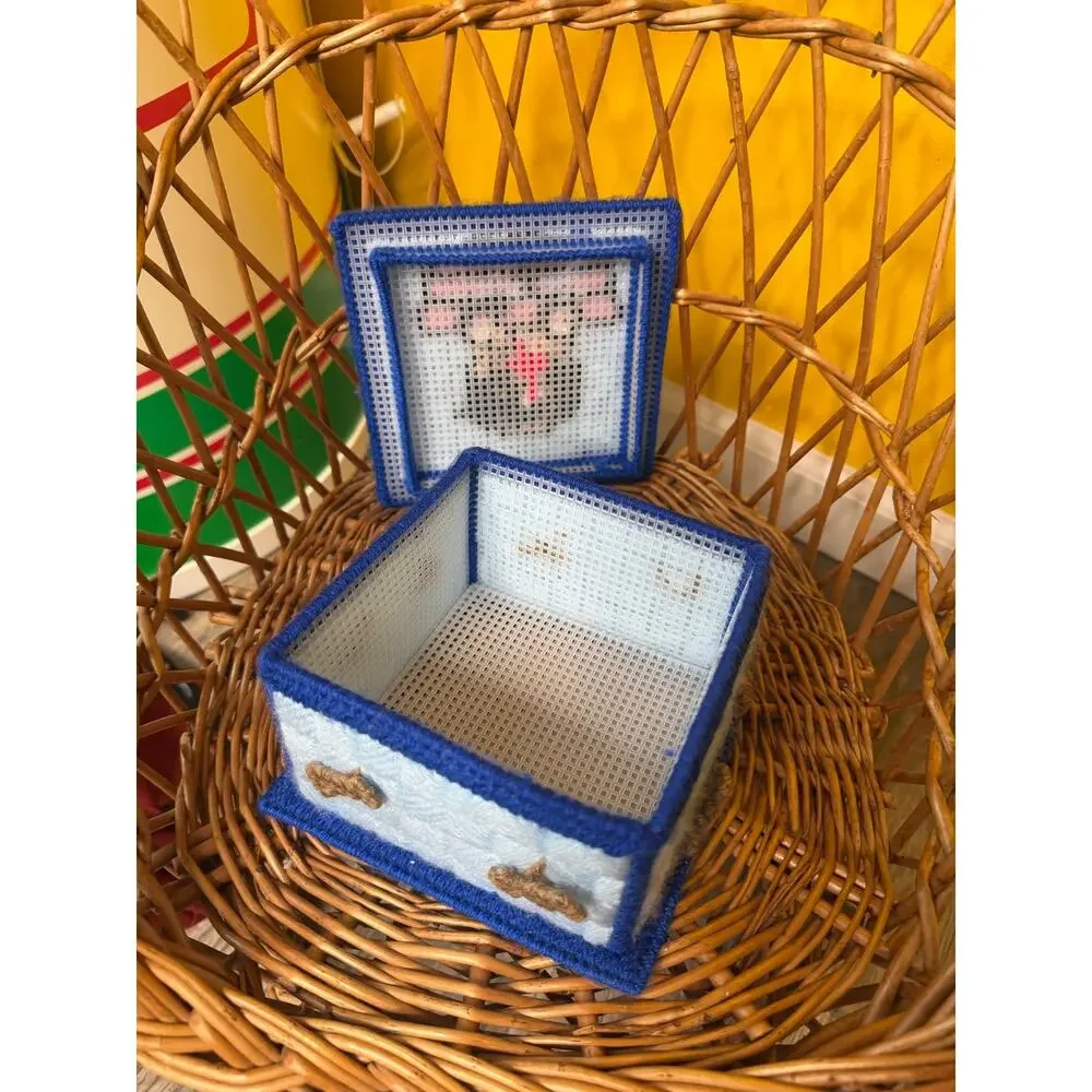 Baby blue dog bone treat Box Holder Cover Cross Stitch Handmade